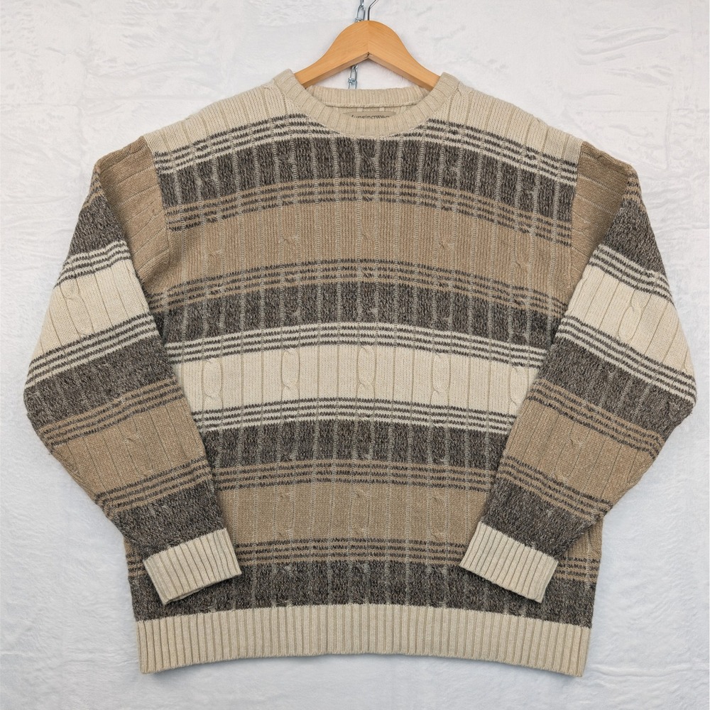 VTG Munsingwear Sweater Mens Large Brown Cream Striped Cable Knit Crewneck 90s